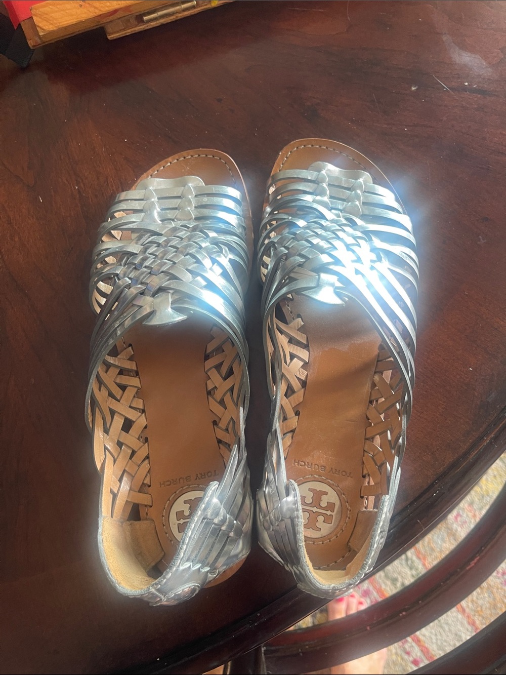 Tory Burch Metallic Silver Woven Slide Sandals